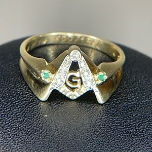 Vintage 10k Gold Masonic Lodge 3rd Degree Diamond Emerald Compass Square Ring 12